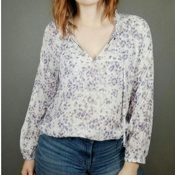 Cloth & Stone Leopard Print Blouse V-Neck Tie Neck Long Sleeve Workwear Chic L - Picture 2 of 15